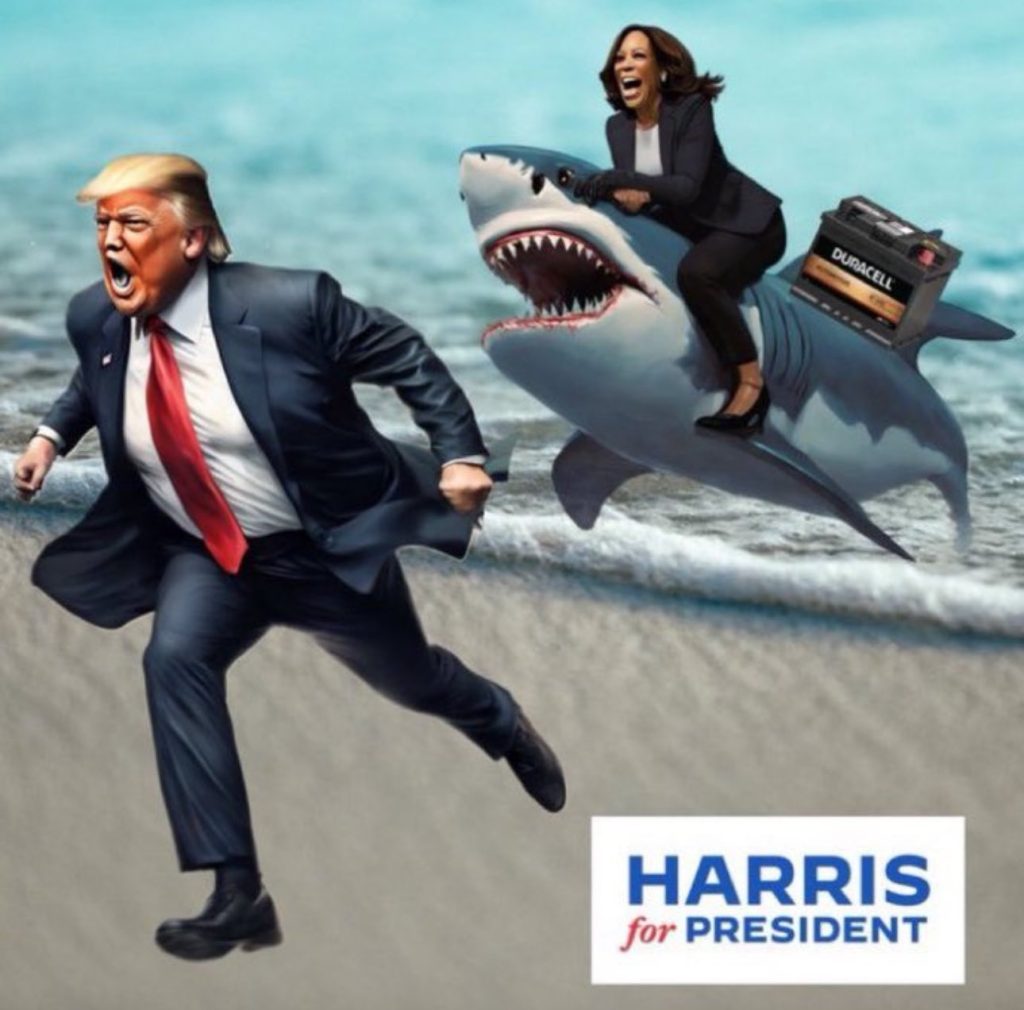 Harris for President chasing trump on a shark